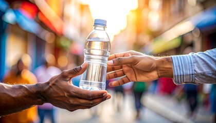 Hands exchanging a water bottle in a bustling street