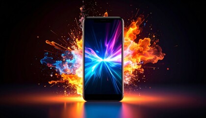 A smartphone stands upright against a backdrop of vibrant, colorful digital explosion with blue, purple, and orange light effects.