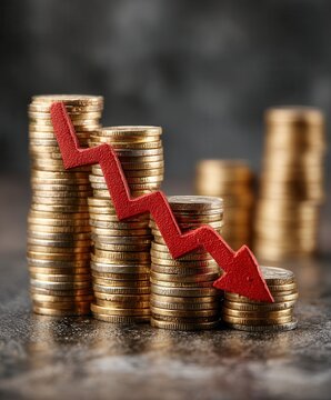 Golden coins stacked in descending order with an down red arrow symbolizing financial decline 