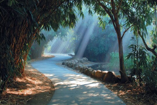 Sunlit path through a lush bamboo grove - Powered by Adobe