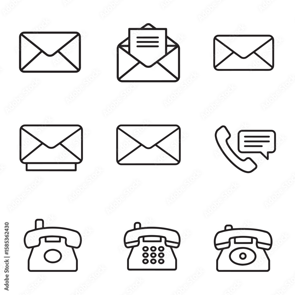 Poster set of linear icons illustrating communication methods envelopes and telephones in modern style