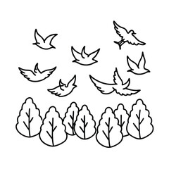 Continuous flow of birds flying above trees symbolizing habitat conservation and peace vector line art on white background