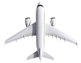 A - 3D Render of White Passenger Airplane Seen from Above with Soft Shadows, Transparent PNG