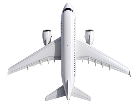 A - 3D Render of White Passenger Airplane Seen from Above with Soft Shadows, Transparent PNG