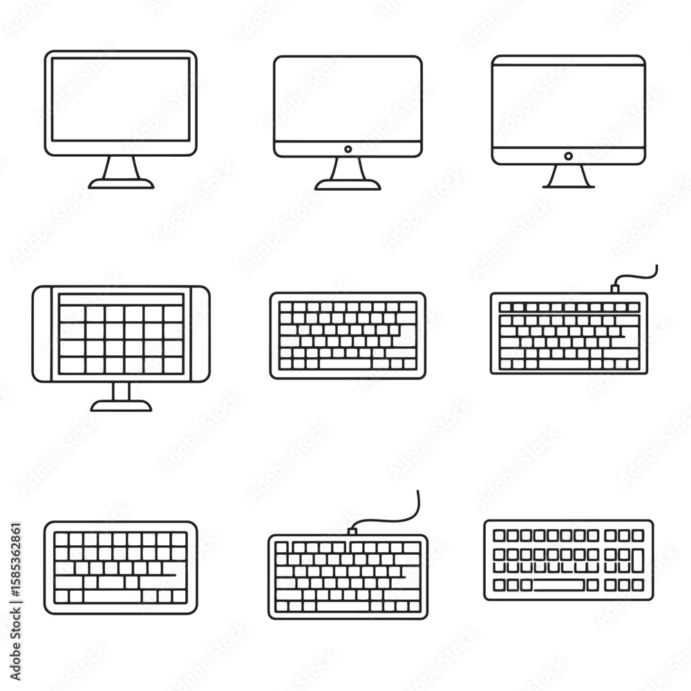 Fototapete set of modern computer monitors and keyboards in a minimalist black and white design