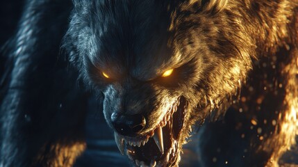Glowing eyes of a fierce werewolf