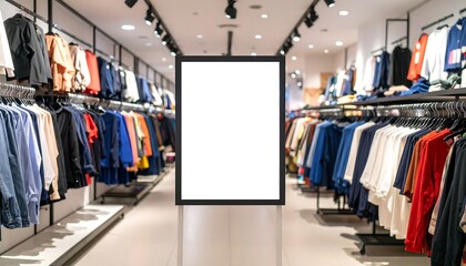 Empty white advertising panel in a clothing store