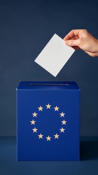 Woman casting ballot into european union flag ballot box. Election, vote, and democracy concept for political engagement footage.