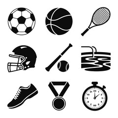 Collection of Black and White Icons Representing Sports and Athletic Activities, Including Balls, Trophies, Equipment, and Symbolic Designs
