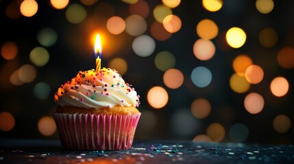Festive birthday cupcake with lit candle and colorful frosting against warm bokeh lights background, celebration concept




