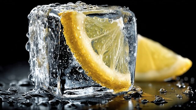 Tranche de citron congelee dans un glacon avec gouttes d'eau en