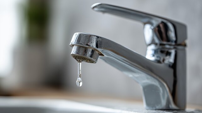 Robinet chrome qui fuit avec une goutte d'eau en gros plan