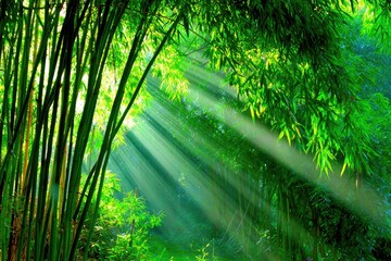 Sunlight streams through a lush bamboo forest