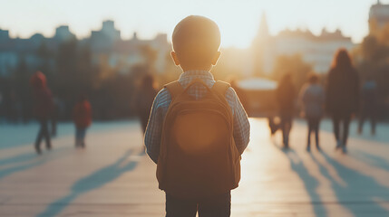 Boy with Backpack: A young student standing in a sunny city square, heading to school or perhaps on an adventure, bathed in the golden light of the setting sun.