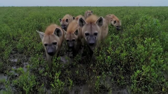 Spotted hyena pack in grassy plain