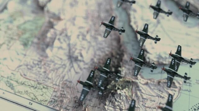 Vintage WWII fighter aircraft flying over an antique map, depicting military strategy, aerial assault, and global warfare. Perfect for concepts of history, war, and aviation
