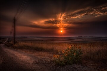 Sunset over a rural landscape.  A dirt road winds through a field of dry grass, leading to a horizon where a fiery sunset paints the sky.  Sunflowers bloom near the road's edge