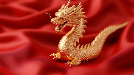 Obraz premium Golden Dragon Sculpture: A majestic golden dragon statue, symbolizing power and prosperity, displayed against a vibrant red fabric backdrop.