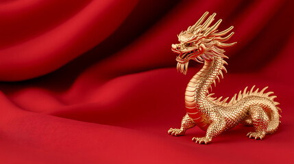 Fototapeta premium Golden dragon figurine on draped red fabric, detailed scales and intricate design evoke cultural richness and symbolic power.