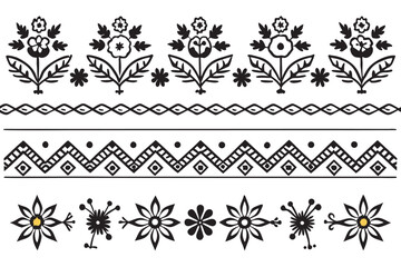 Black and white folk art floral borders and patterns on white background vector