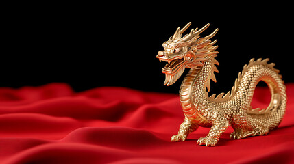 Fototapeta premium Golden Dragon Figurine: A symbol of power and good fortune, this ornate dragon statue rests on luxurious red fabric against a sleek black backdrop.
