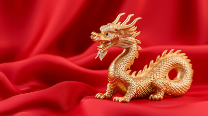 Fototapeta premium Golden dragon figurine symbolizing power and good fortune, depicted against a red satin backdrop. Great for Chinese New Year.