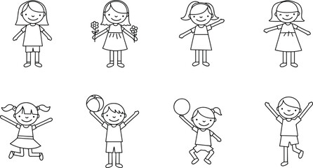 Children poses cad drawing flat vector illustration, eight playful silhouettes showing jumping, flower holding, balloon gestureChildren poses cad drawing 