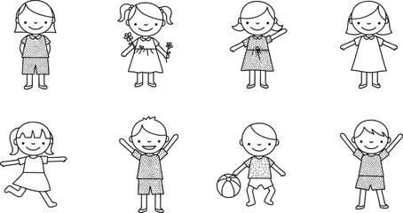 Children poses cad drawing flat vector illustration, eight playful girl silhouettes in dresses showing jumpingChildren poses cad drawing flat vector 