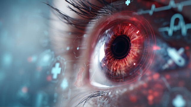 Illustrated human eye with dynamic data graphs and health metrics visualizations, symbolizing the interconnection between ocular health and physical wellness. Creative advertising concept 