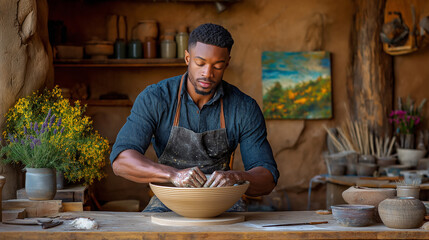 A potter shaping a bowl in a cozy workshop during creative time