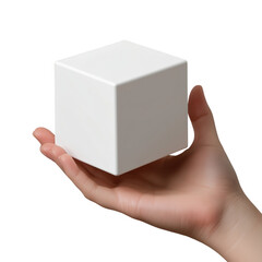 A human hand holding a small white cube isolated on a transparent background