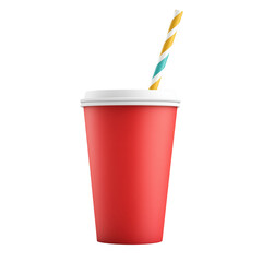 A vibrant red paper cup with a white lid and striped straw for beverages transparent