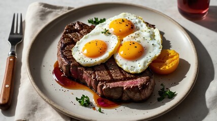 Delicious Steak Topped with Fried Eggs, Served on a Plate