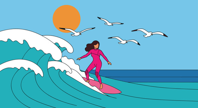 A vibrant illustration depicts a female surfer skillfully riding a large ocean wave under a bright sun with seagulls flying above.