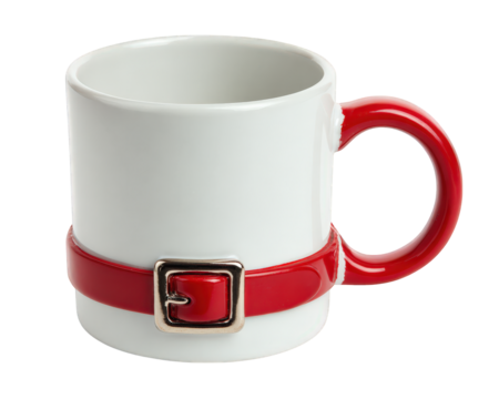White ceramic mug with red handle and festive belt design, holiday coffee cup, isolated on transparency background, cheerful Christmas decoration, perfect for winter drinks