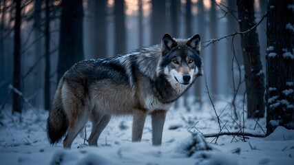 Fototapeta premium Lobo en bosque nevado con luz fría y mirada intensa