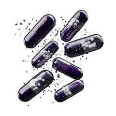 Artistic arrangement of purple and white capsules representing medicine and healthcare on transparent background
