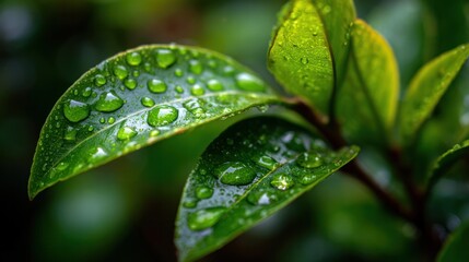 Fresh leaf surface shimmering with moisture, a peaceful reflection of nature