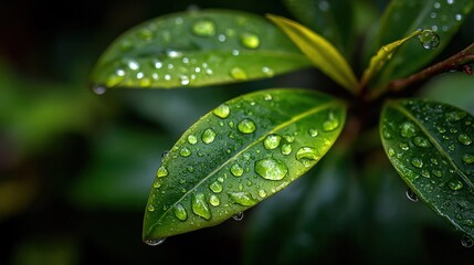 Single green leaf with water beads resting gently, evoking organic tranquility