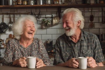 A joyful elderly couple shares a lighthearted moment over coffee in a cozy kitchen, radiating warmth and connection through genuine laughter and shared companionship.