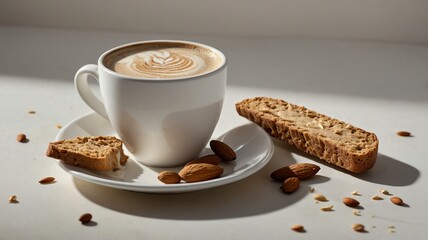 Latte with Almond Biscotti and Nuts Still Life Food Photography