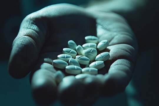 The person using drug overdoses, close-up on pills in hand, symbolizing a critical health concern, Generative AI