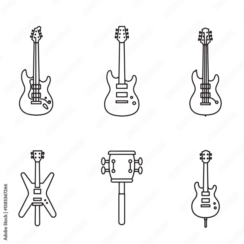 Poster vector illustrations of different electric guitars and percussion instruments in a simple line art s