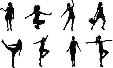 Fashion gestures cad drawing flat vector illustration, eight black stylish silhouettes of women posing with bags, eleganceFashion gestures cad drawi