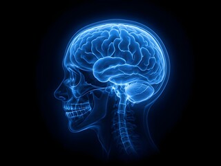 Human brain illustration showcases intelligence, anatomy and the complexity of the human mind in a stylized blue.