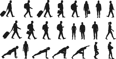 Mixed activity cad drawing flat vector illustration, twenty black silhouettes in walking, luggage carrying, planking, stretching and push-up posturesMixed activity cad drawing flat vector illustration