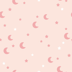 Minimalist seamless pattern with pink moon and stars for nursery, fabric, textile, background, print. Celestial illustration.