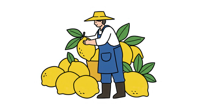 Cartoon Farmer Harvesting Lemons Illustration