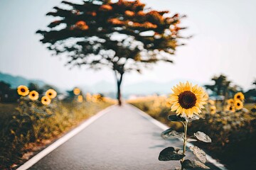 A lone sunflower stands sentinel on a paved path amidst a field of sunflowers, a tree in the background