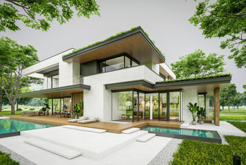 Fototapeta premium 3d rendering of two-story house with parking and pool for sale or rent with concrete facade and beautiful landscaping. Cloudy white sky overcast, soft shadows